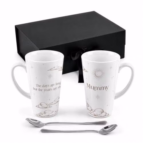 Purely Home New Parents Tall Latte Mugs and Spoons Gift Set in White – 1