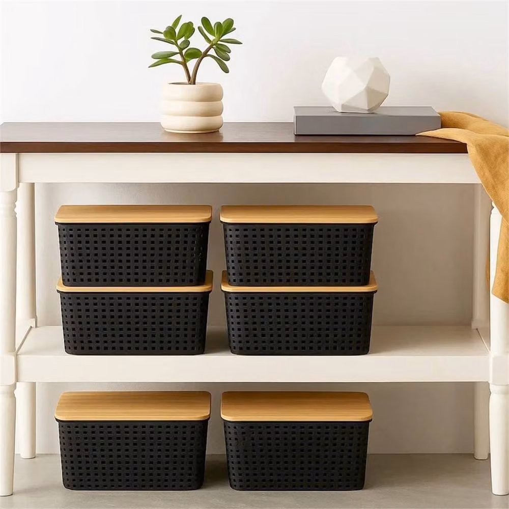 VOGREX 6 Piece Black Plastic Stackable Storage Bins with Bamboo Lids – 3