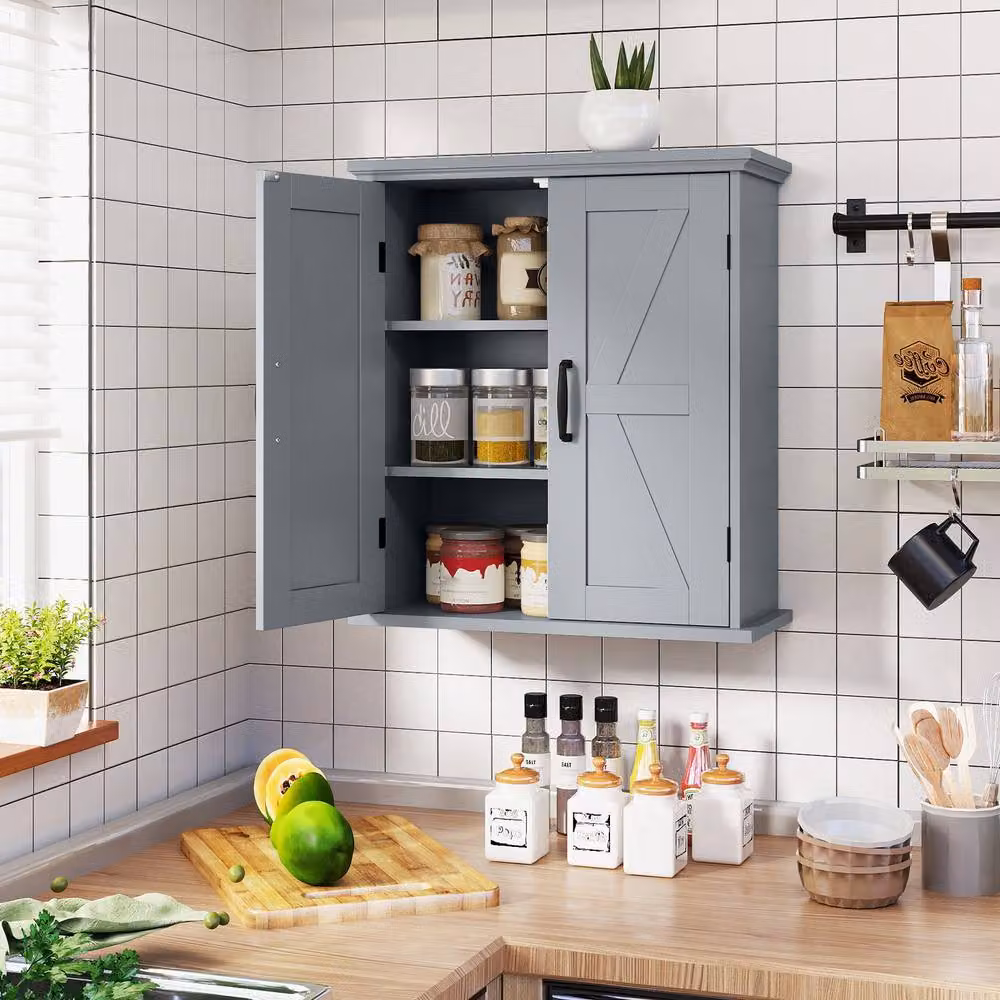 Costway Grey Farmhouse Wall Mounted Bathroom and Kitchen Cabinet with 2 Hinged Doors and Internal Shelves – 3