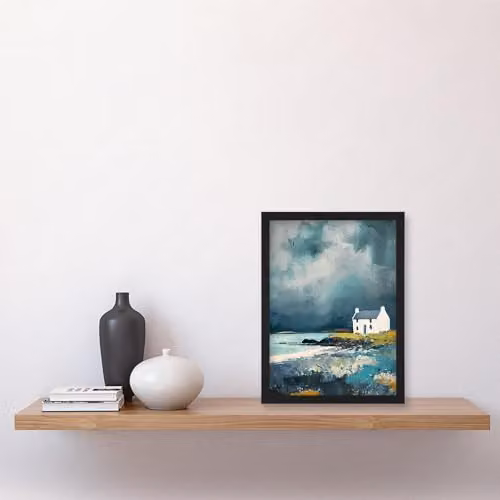 Artery8 Classic Scottish Lochside Cottage Framed Wall Art Print, Blue Landscape Oil Painting Reproduction, W: 23.4 cm, H: 32.3 cm – 4