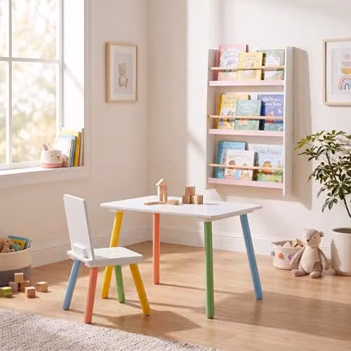 Liberty House Toys Rainbow Wooden Table, Chair and Bookshelf Set for Children in White and Pink – 1