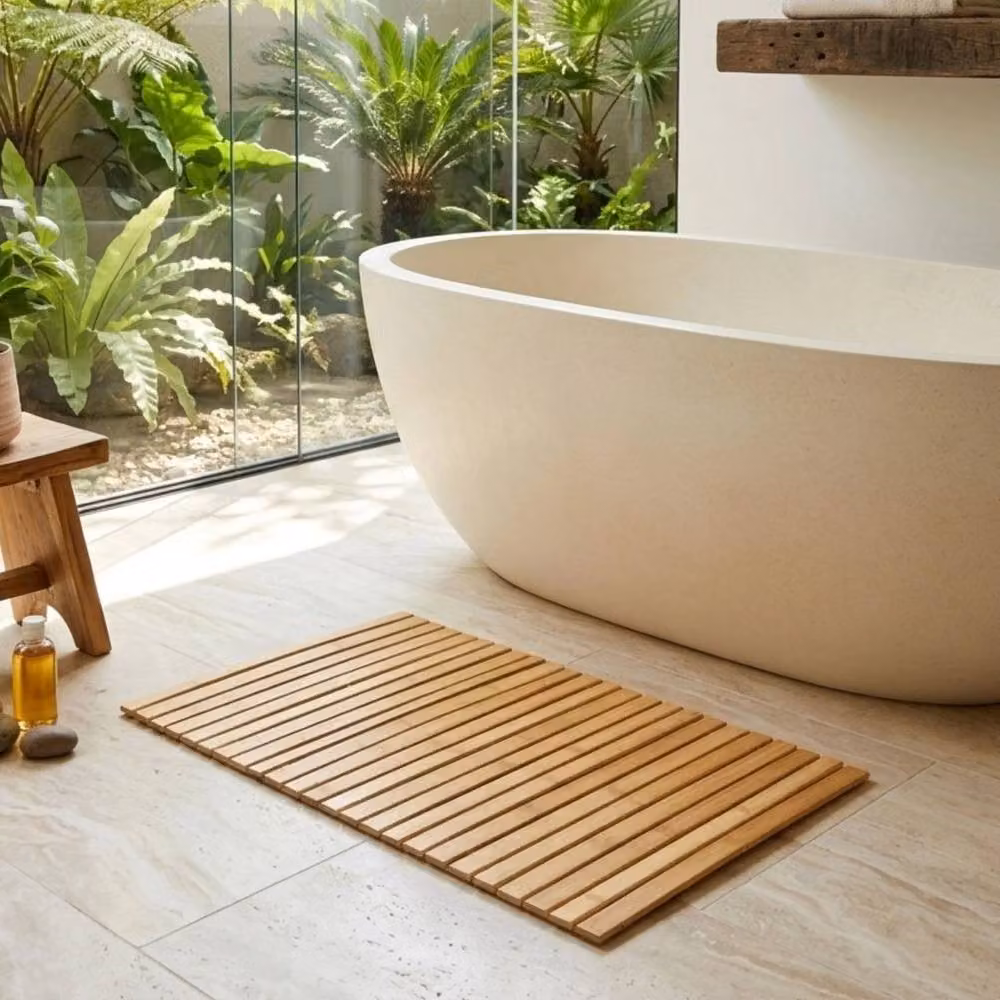 PAWNORA Non Slip Folding Bamboo Bath Mat in Natural Brown and Beige – 3