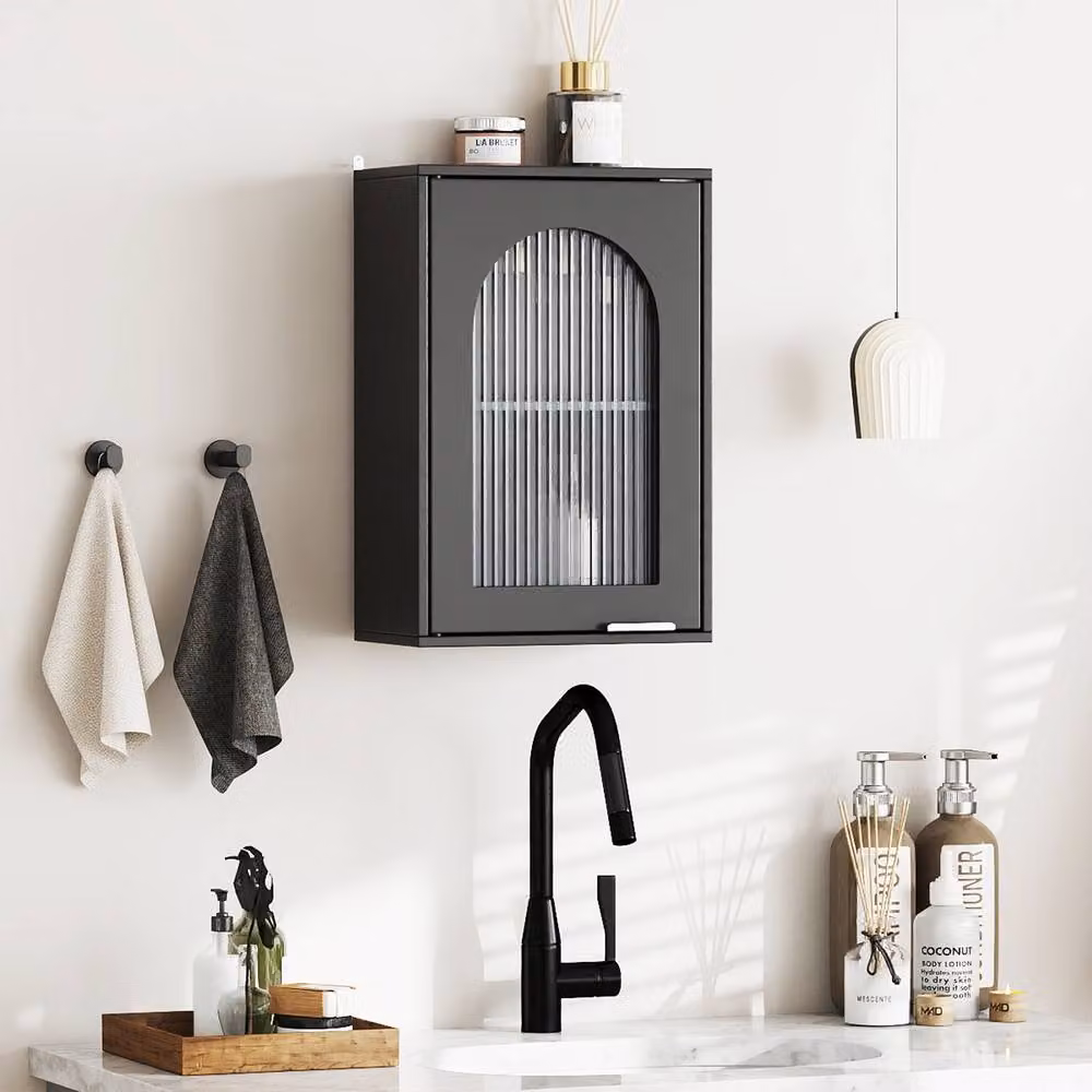 Costway Modern Black Wooden Wall Mounted Bathroom Medicine Cabinet with Glass Doors and Internal Shelves – 4