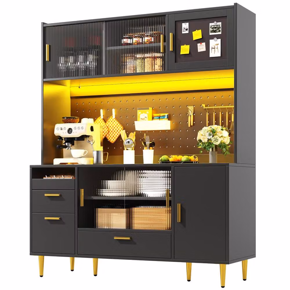 Merax Black Modern Kitchen Pantry Cabinet with Integrated Lighting and Sliding Glass Doors, H 180 x W 40 x D 40 cm – 8