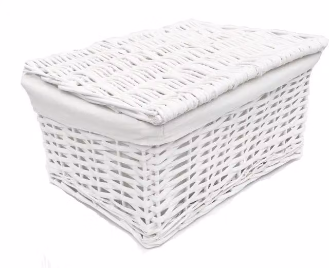 Topfurnishing White Lidded Rattan Wicker Storage Basket with Lining, Width: 22 cm