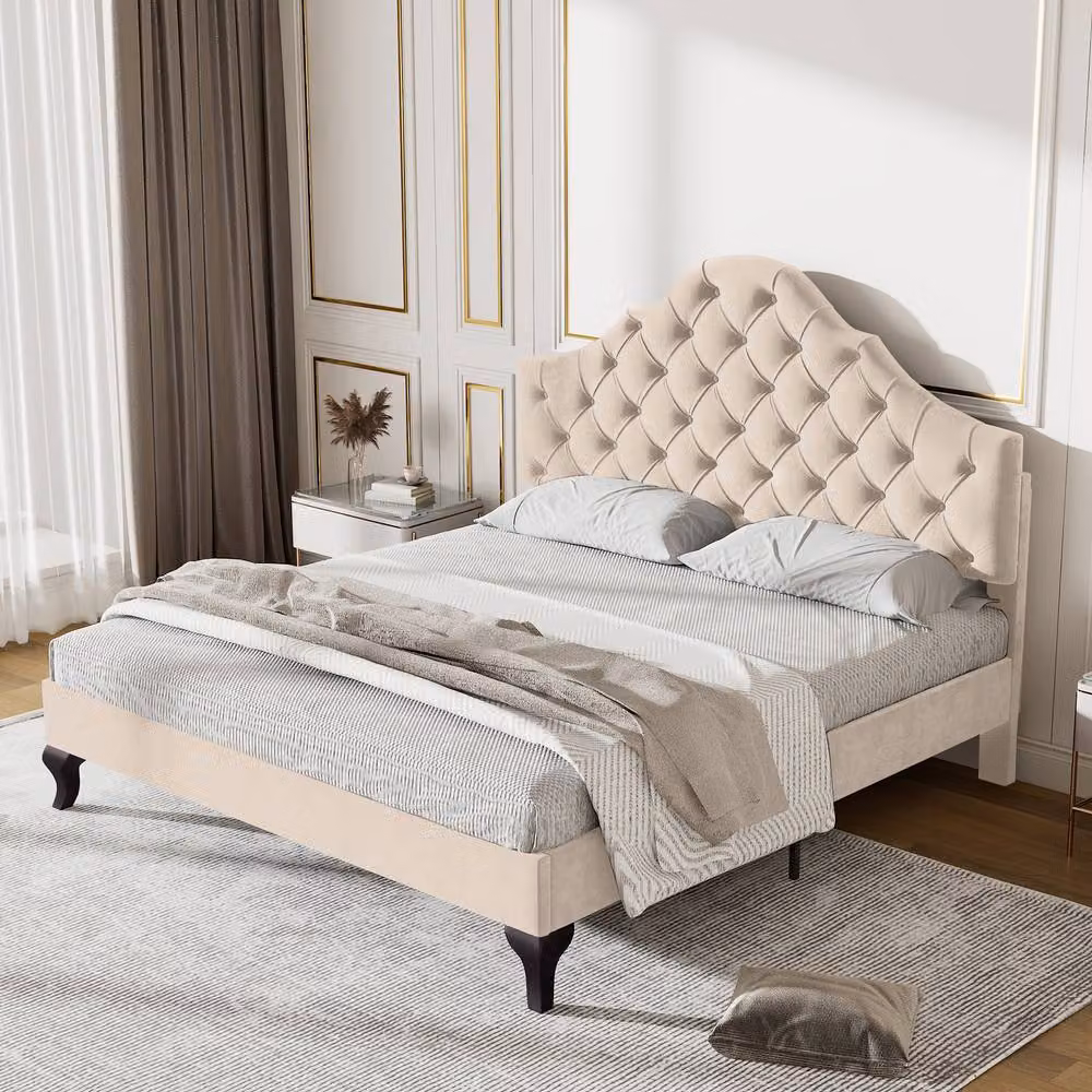 Matteo Beige Velvet Upholstered Double Bed Frame, W: 140 cm, L: 200 cm – 2