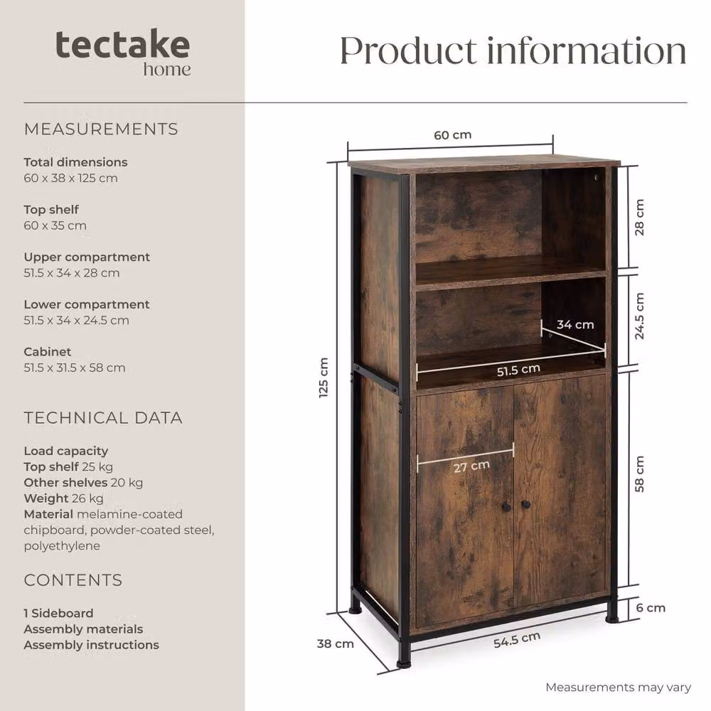 tectake Doncaster Display Cabinet in Brown Oak and Black Metal with Glass Doors and Internal Shelves – 6