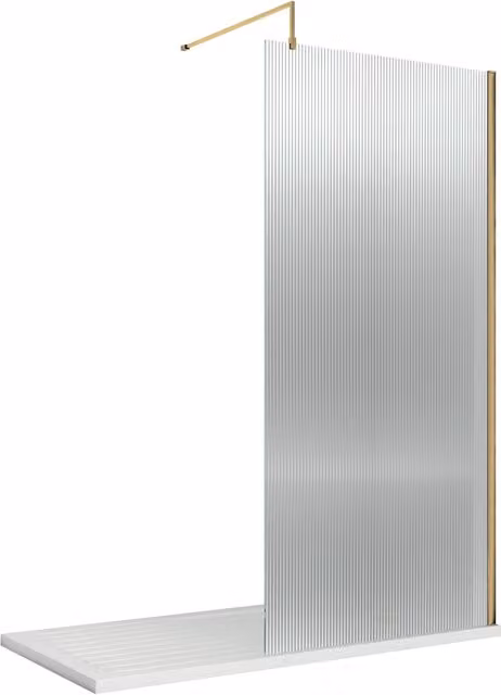 Balterley 8mm Fluted Single Panel Wetroom Screen and Support Bar, Gold, W: 100 cm, H: 185 cm