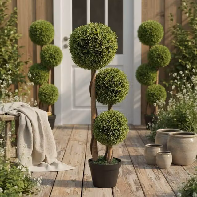 Wyld Haus Set of 2 Artificial Green Boxwood Ball Topiary Trees in Round Concrete Pots
