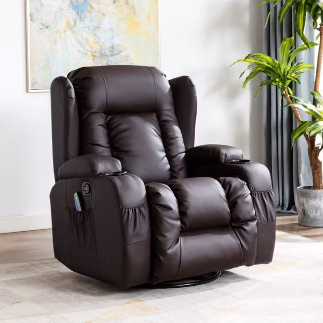 More4Homes Caesar Bonded Leather 10-in-1 Winged Recliner Chair with Heat, Massage, Rocking and 360 Swivel Function in Brown – 1
