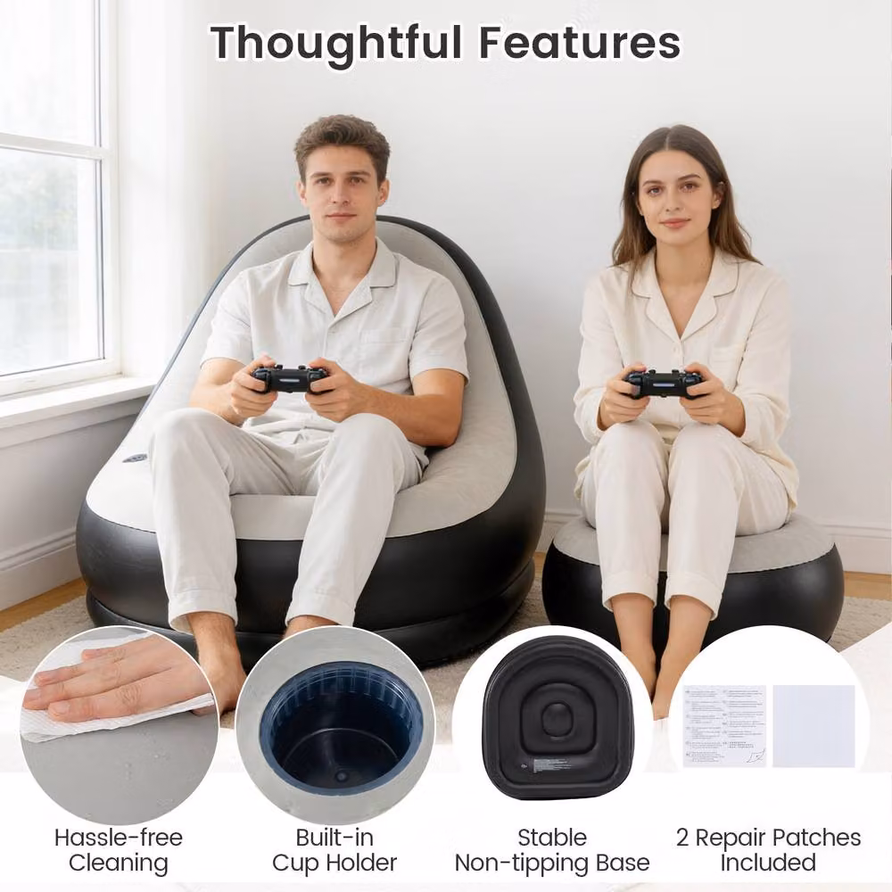 Costway Inflatable Lounge Sofa with Ottoman Single Blow Up Couch in Grey – 5