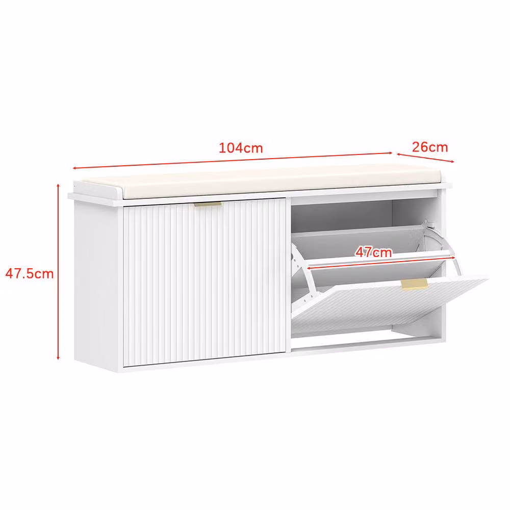 ERGOVEXA White and Gold Shoe Storage Bench with Padded Seat and 2 Flip Drawers – 2