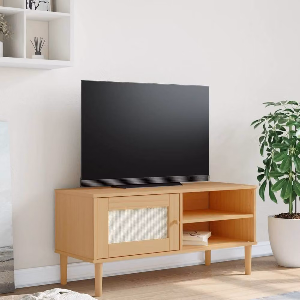 Berkfield Home SENJA TV Cabinet in Light Brown Rattan Look Solid Pine Wood, W/D/H: 106 x 40 x 49 cm – 2