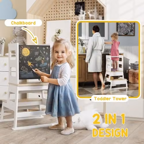 AIYAPLAY 2 in 1 Toddler Tower Step Stool with Chalkboard and Safety Rail, White – 4