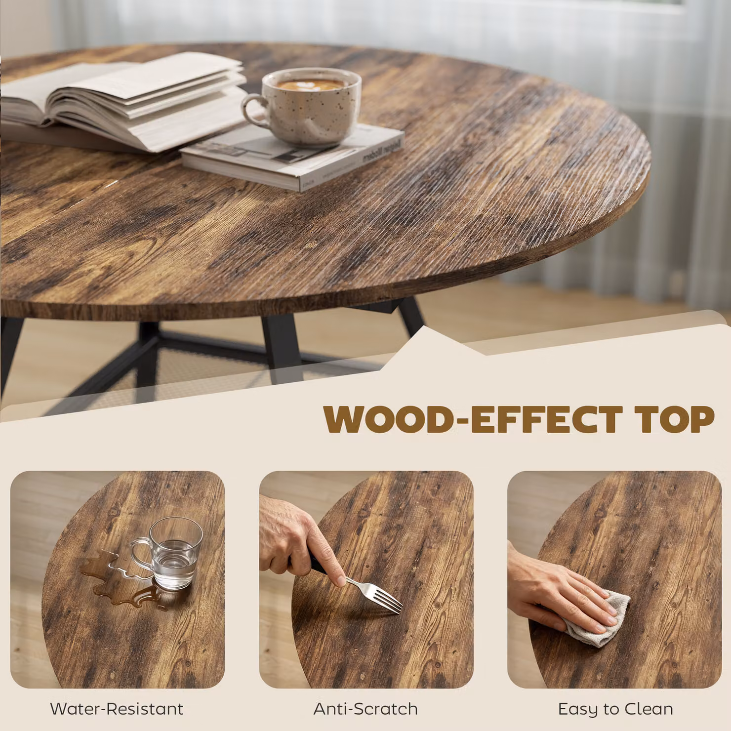 HOMCOM Round Industrial Dining Table for 4 People with Storage Shelf, Rustic Brown and Black – 5