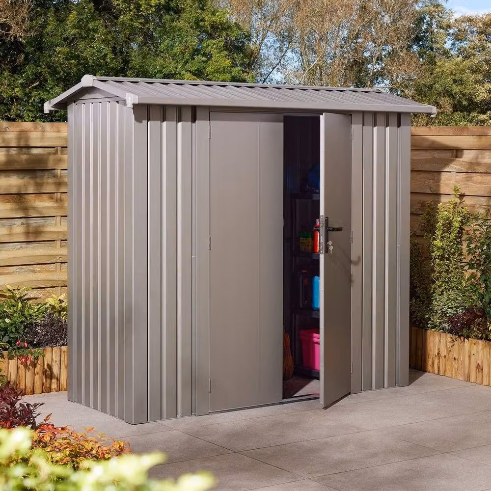 Rowlinsons Brentvale Premium Apex Metal Shed in Grey with Double Doors and Rain Gutters – 3