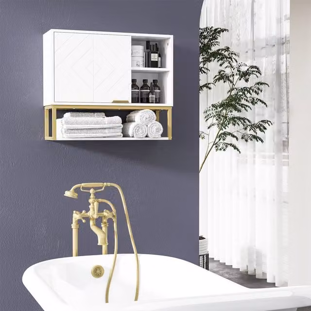 Kleankin Modern White and Gold Wall Mounted Bathroom Cabinet with Hinged Doors and Internal Shelves