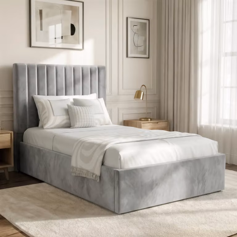 DHS Vertical Line Single Ottoman Storage Bed Frame in Grey Velvet, W/D/H: 90 x 190 cm