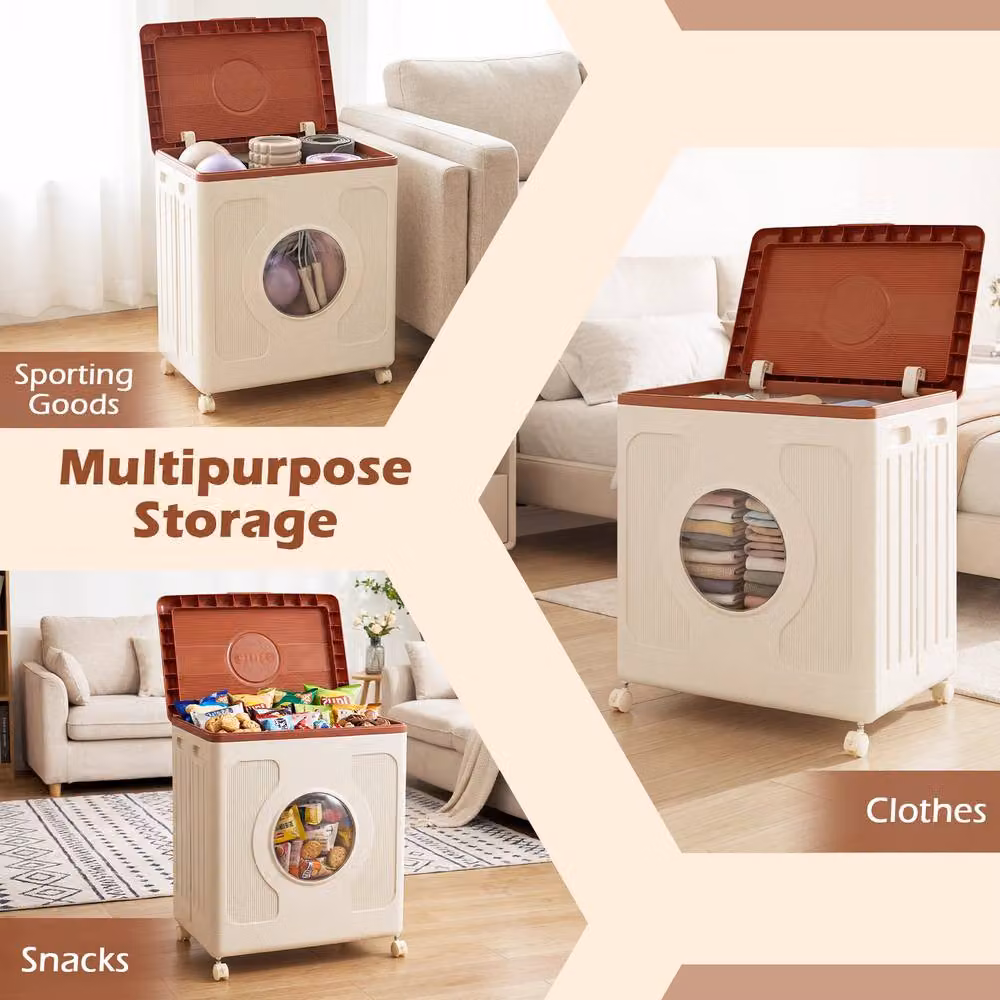 Gymax 120L Rolling Clothes Storage Box with Lid, Wheels and Transparent Window, Beige – 6