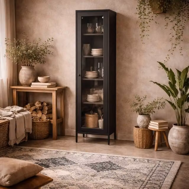 Wyld Haus Frank Black Steel Cabinet with Glass Doors and Internal Shelves, H 180.5 x W 37.0 x D 35.0 cm