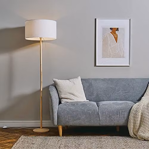 ValueLights Triston Modern Natural Wood Floor Lamp with White Fabric Cylinder Shade in Brown – 2