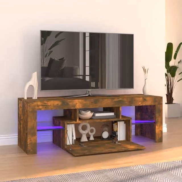 Berkfield Home Modern TV Cabinet with Integrated LED Lights in Smoked Oak Brown, W/D/H: 120 x 40 x 35 cm