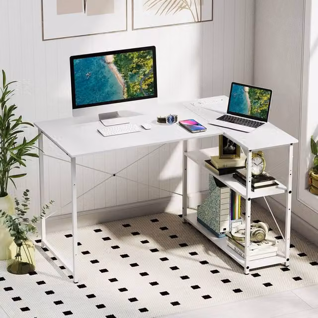 Costway L-shaped Computer Desk with Power Outlet and Reversible Shelves in White – 1