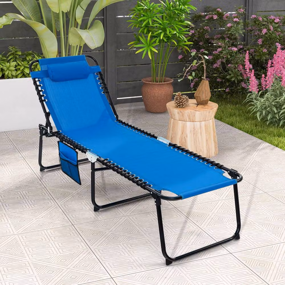 Costway Navy Blue Folding Patio Chaise Lounge Chair with Adjustable Headrest and Textilene Fabric – 8