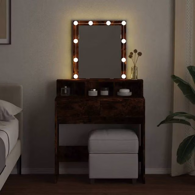 Berkfield Home Beautiful LED Dressing Table in Smoked Oak Brown, W: 80 cm, D: 41 cm, H: 144.5 cm