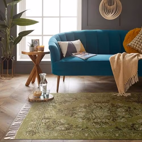 Esselle Kew Antique Printed Small Rug with Fringes in Green, W/D: 120 x 170 cm – 4