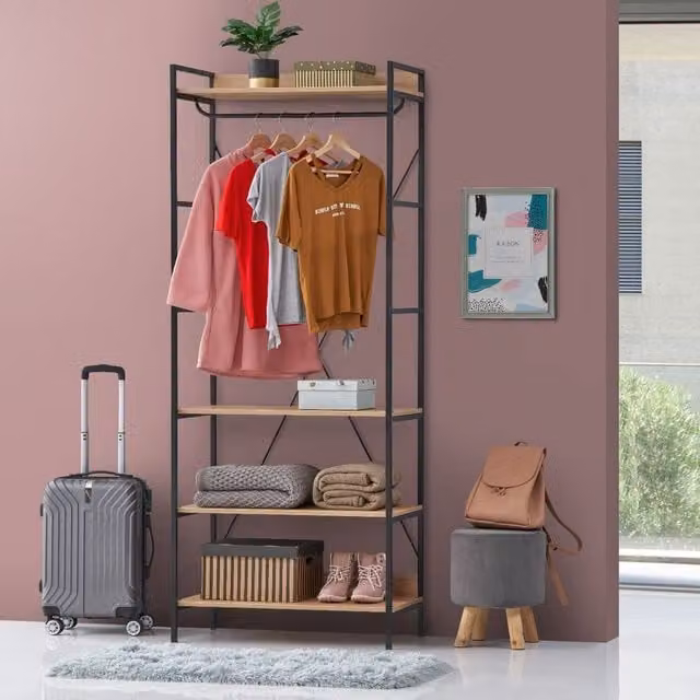 Timber Art Design UK Claire Open 4 Shelf Wardrobe in Brown Industrial Style with Metal Hanging Rod and Internal Shelves