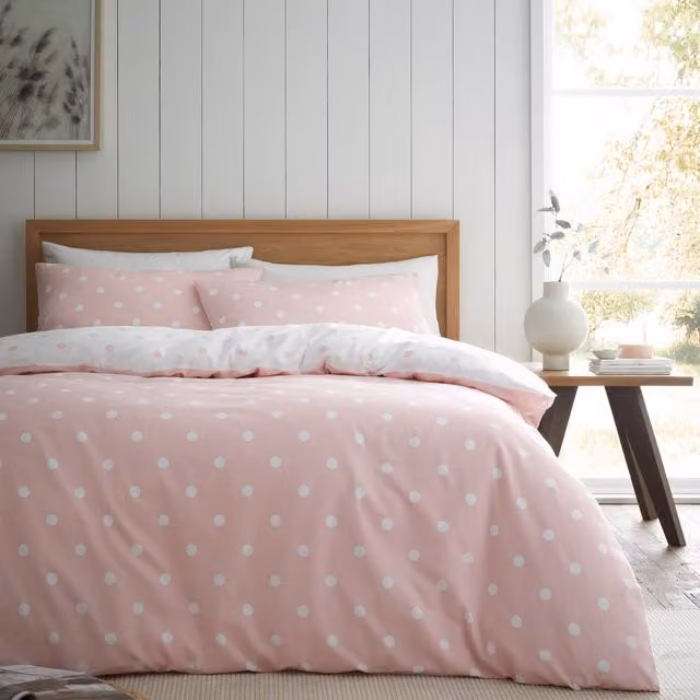 Catherine Lansfield Pink and White Reversible Polka Dot Cotton Flannelette Duvet Cover Set, W: 180 cm, H: 200 cm
