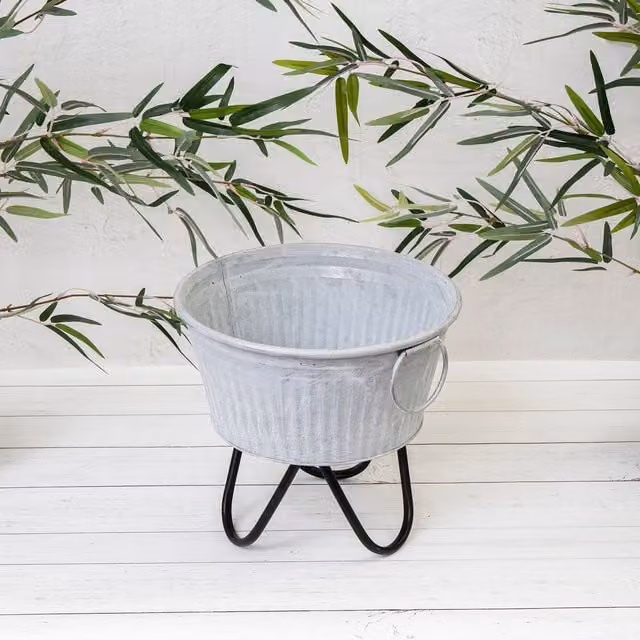 Annibells Grey Metal Round Garden Planter Tub with Hairpin Legs, Diameter: 24 cm