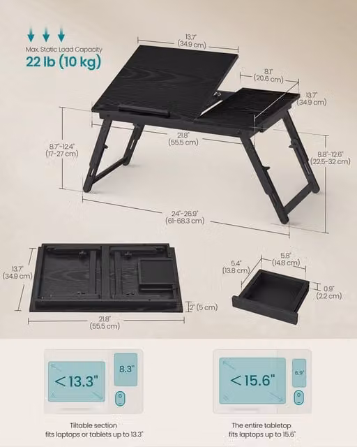 SONGMICS Adjustable Laptop Table and Computer Desk in Black with Tilting Top