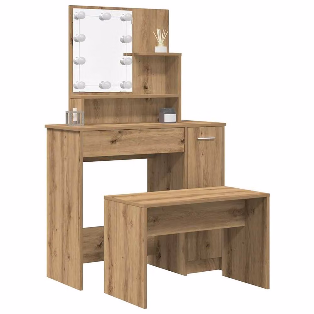 Berkfield Home Hollywood LED Dressing Table Set in Brown Old Wood Finish – 2