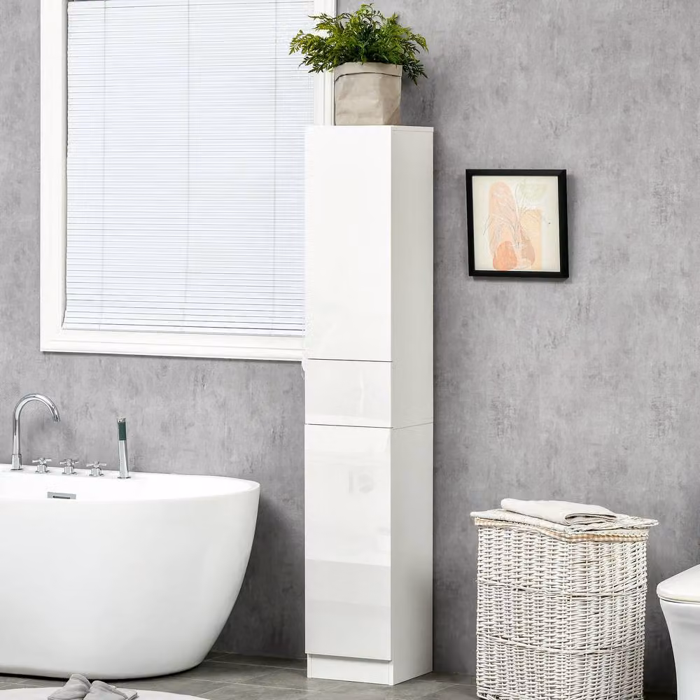 Kleankin Modern High Gloss Freestanding Tall Bathroom Cabinet with Adjustable Shelves in White – 2