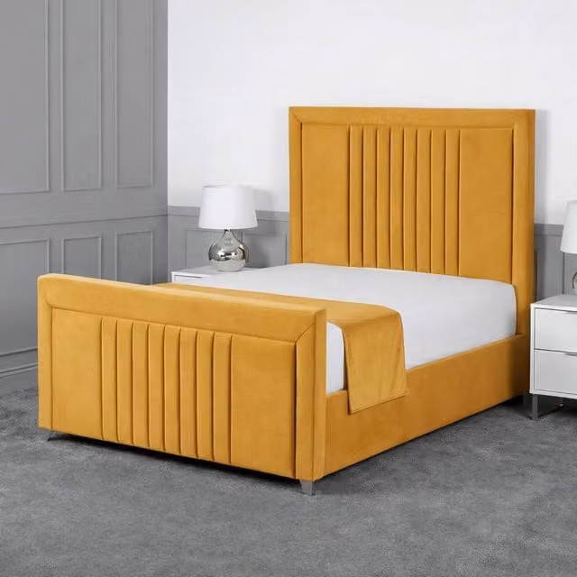 Living Comfort Bedz Celeste Plush Velvet Upholstered Bed with Slatted Base and 48 Inch Headboard in Mustard Yellow, Single Size