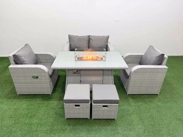 Fimous 6 Seater Light Grey PE Wicker Rattan Garden Furniture Set with Reclining Chairs, Firepit, Dining Table and 2 Small Stools