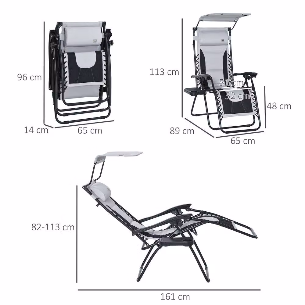 STILVORA Grey Folding Reclining Lounger Chair with Sun Canopy, Adjustable Headrest and Side Tray – 2