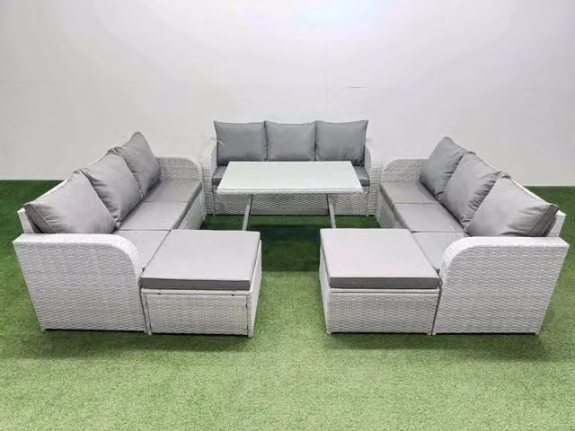 Fimous 11 Seat Outdoor PE Rattan Garden Furniture Set in Light Grey with 2 Large Stools