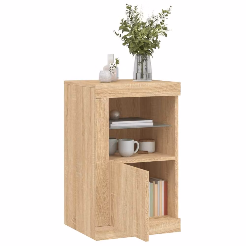 Berkfield Home Set of 2 Modern Side Cabinets in Sonoma Oak and Light Brown with Integrated LED Lighting and Glass Doors – 2