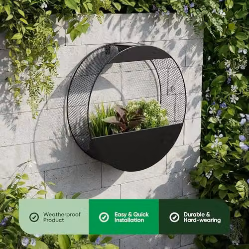 Gardenwize Round Solar Powered Wall Planter with Warm White LED Light in Black – 3