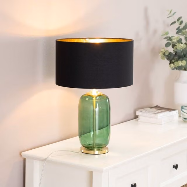 ValueLights Leigh Table Lamp with Forest Green Glass and Black and Gold Fabric Shade