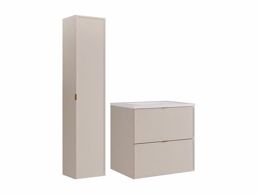 Vente-unique Modern Beige Wall-Mounted Bathroom Vanity Unit with Inset Ceramic Basin and Tall Cabinet – 2