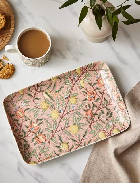 Morris & Co. Pink Floral Fruit Serving Tray, Rectangular Ceramic and Porcelain