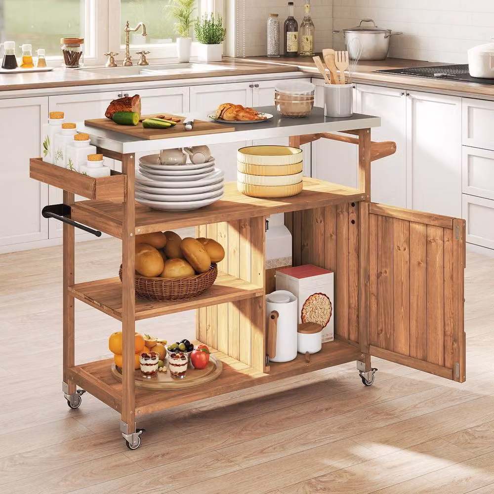 Gymax Brown Wooden Grill Cart with Stainless Steel Top and Casters, W/D/H: 118 x 47 x 92 cm – 6
