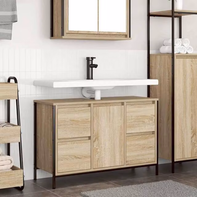 Berkfield Home Basin Cabinet with Drawers in Sonoma Oak Brown, W/D/H: 90 x 34.5 x 60 cm