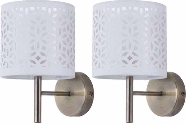 First Choice Lighting Brea Set of 2 Antique Brass Wall Lights with White Fabric Shades