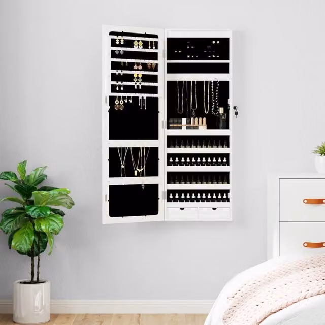 Berkfield Home White Glossy Wall Mounted Mirror Jewellery Cabinet with LED Lights