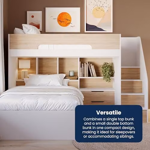 Flair Furnishings Triple Bunk Bed for Kids with Storage Staircase and Integrated Shelves, White and Oak, H: 219.1 cm x W: 153.0 cm x D: 153.0 cm – 2
